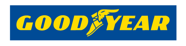 A blue and yellow good year logo on a white background