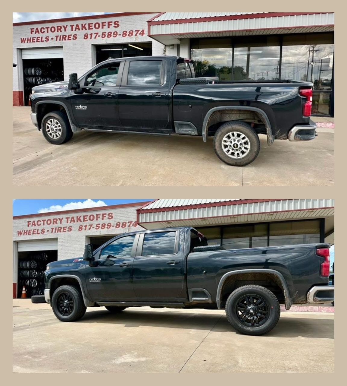 A black truck is parked in front of a factory takeoffs store.