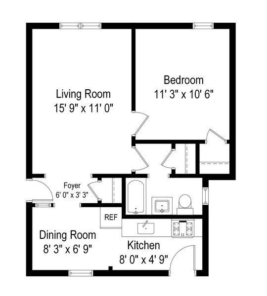 1 bedroom 600 sq ft