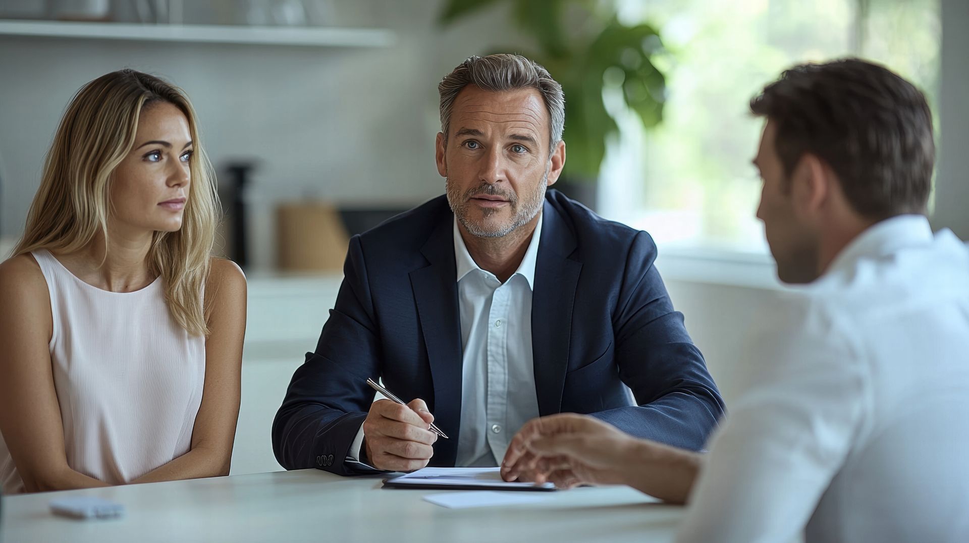 Professional divorce attorney providing legal guidance to a couple during a settlement meeting.