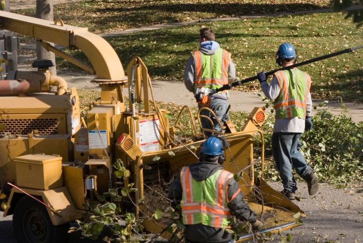 Three men using a wood chipper in an urban neighborhood in Norwalk, CA.