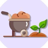 A wheelbarrow filled with dirt and a small plant.