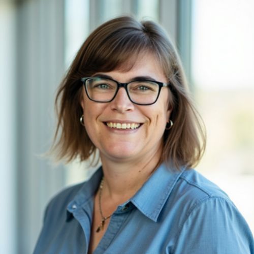 A woman wearing glasses and a scarf is smiling for the camera.