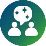 A group of people standing next to each other with a speech bubble.