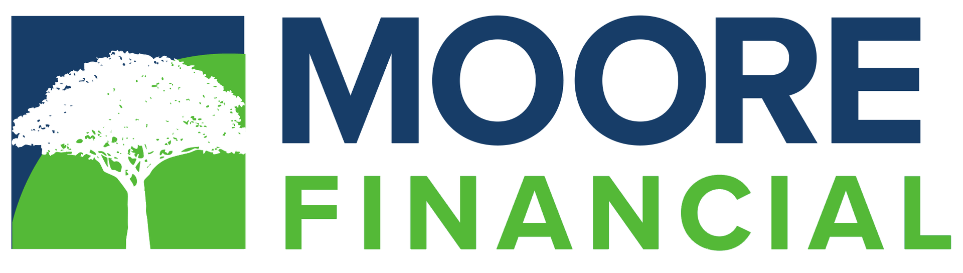 The logo for moore financial is blue and green with a tree in the middle.