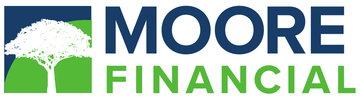 The logo for moore financial is blue and green with a tree in the middle.