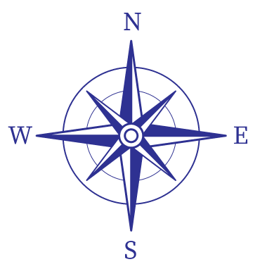 A blue and white compass pointing north east and south