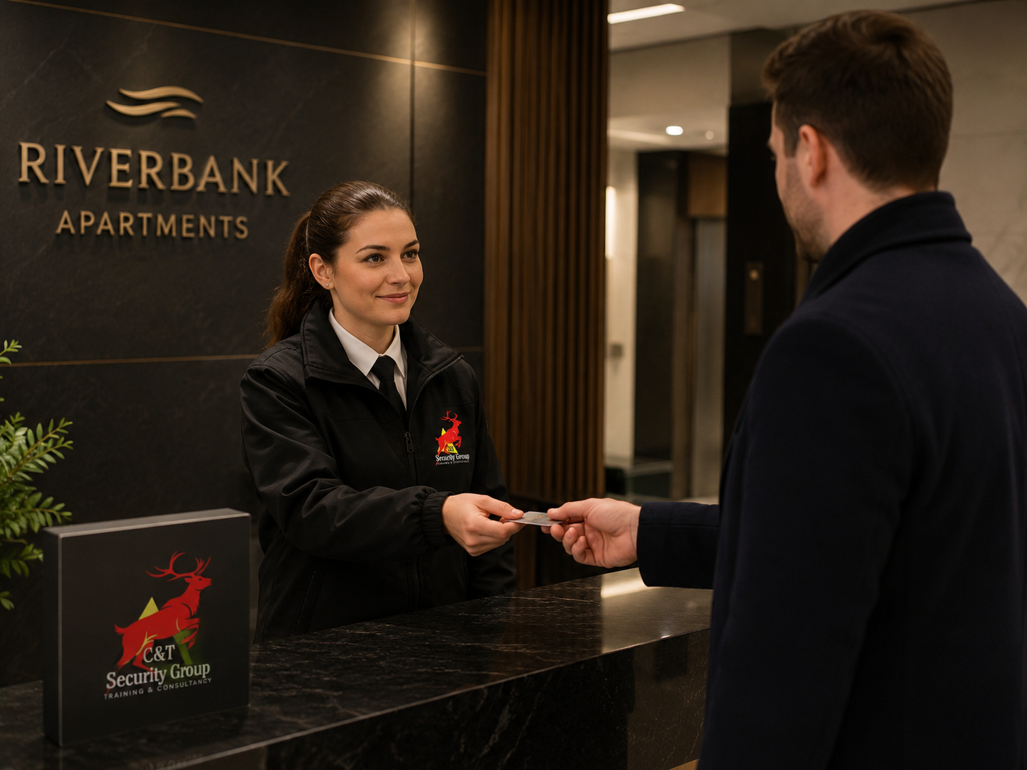 C&T Security Group residential concierge security officer supporting residents and visitors at a managed property