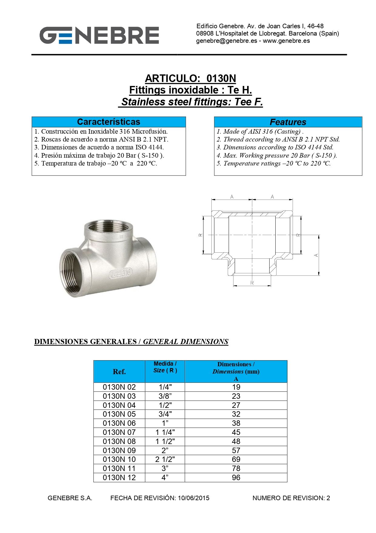Art 0130 Te igual H Rosca NPT