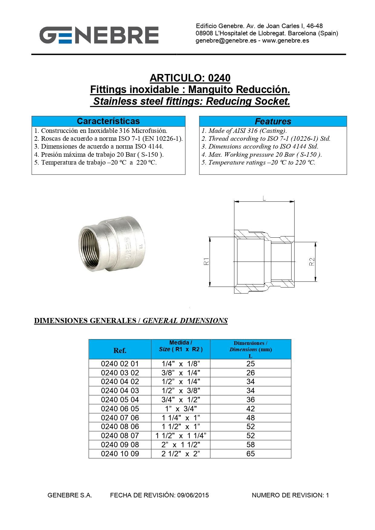 Art 0240 Manguito reducción Rosca BSP