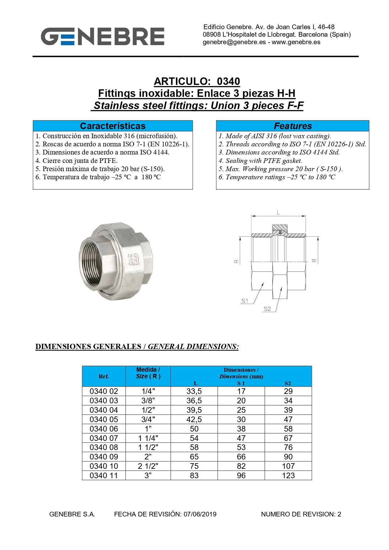 Art 0340 Union Doble H-H Enlace 3 piezas H-H Rosca BSP