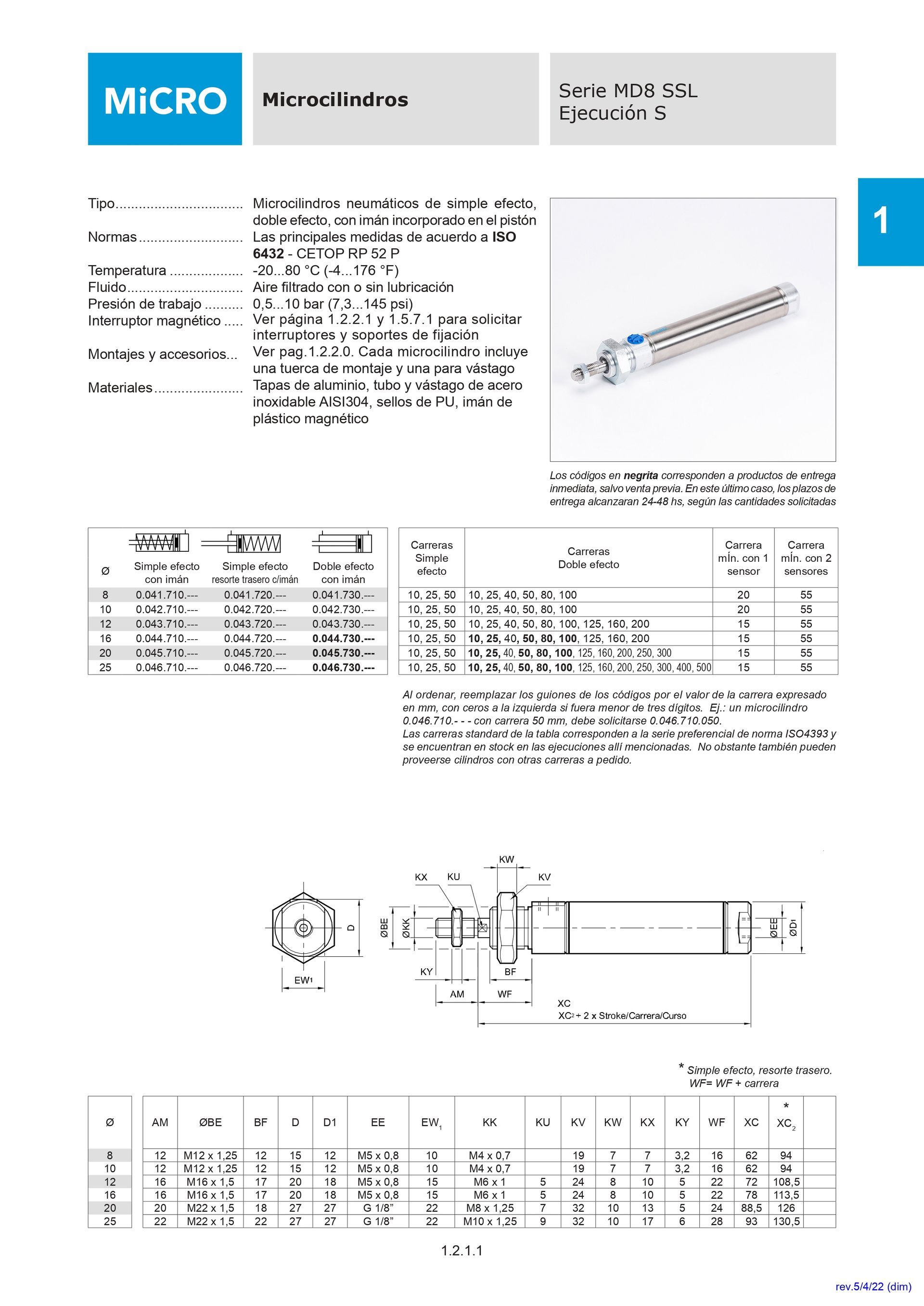 Microcilindro MD8 SSL Ejecución S Ø8 SE_RD Carr:10