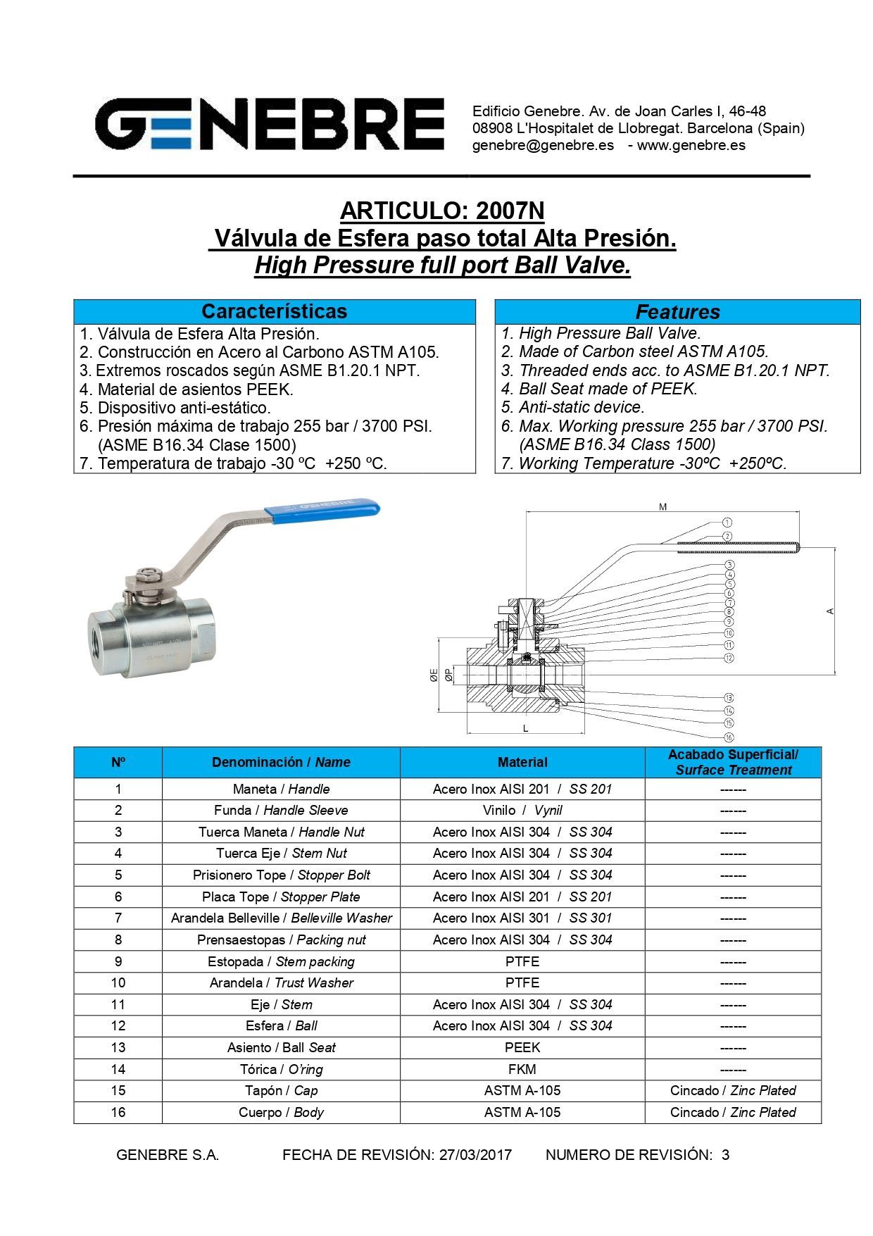 Válvula de bola con manija azul, cuerpo metálico.