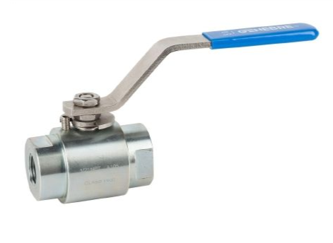 Válvula de bola con manija azul, cuerpo metálico.