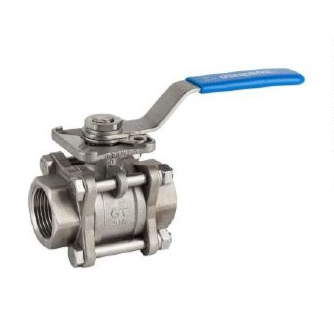 Válvula de bola de acero inoxidable con manija azul.