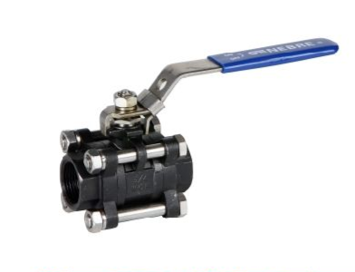 Válvula de bola negra y plateada con manija azul.