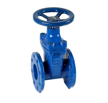 Válvula de compuerta azul con volante, bridas y bonete atornillado.