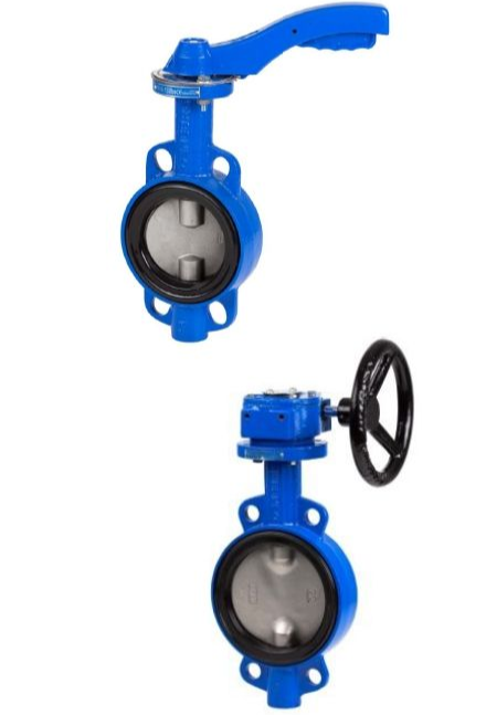 Dos válvulas de mariposa azules, una con manija de palanca y la otra con volante, para control de fluido.