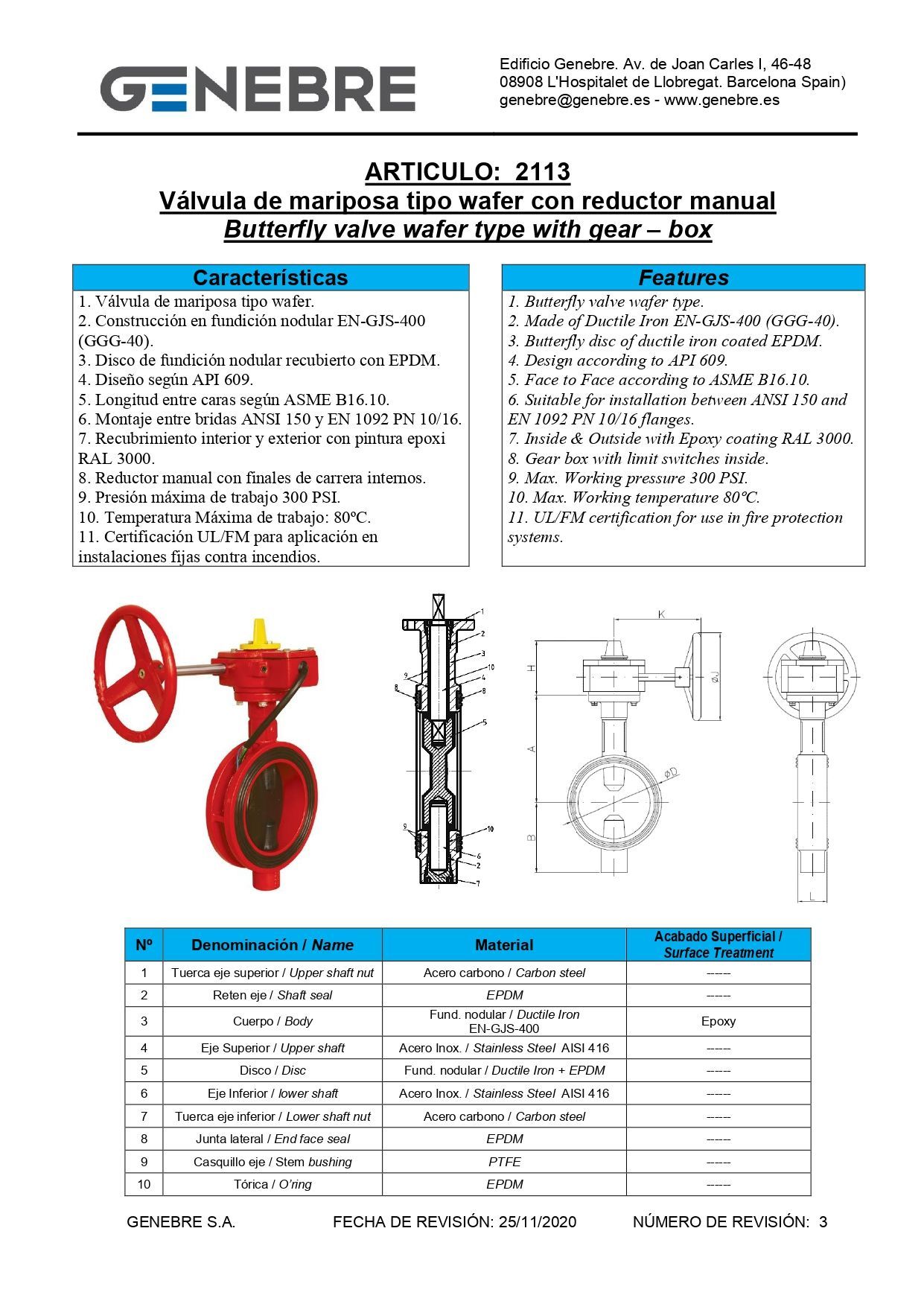 Art 2113 Válvula mariposa tipo wafer con reductor manual y microrruptor final de carrera. PN 10/16. ANSI 150 lbs