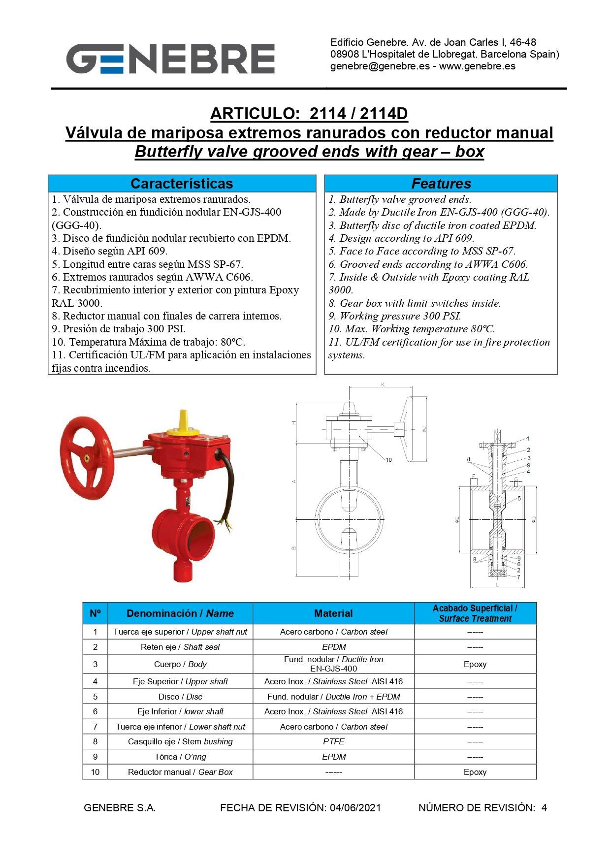 Art 2114 / 2114D Válvula mariposa – Extremos ranurados con reductor manual y microrruptor final de carrera