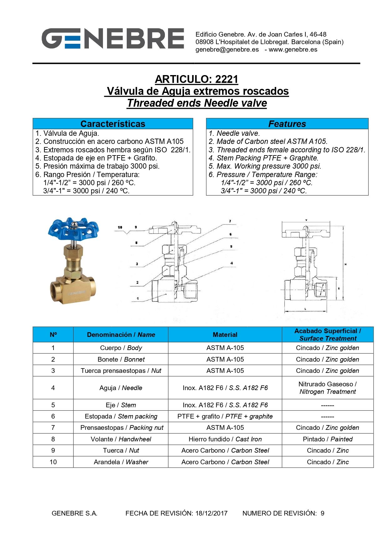 Válvula de aguja de latón con manija azul.