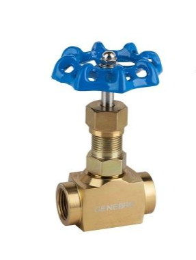 Válvula de aguja de latón con manija azul.