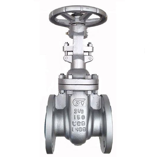 Válvula de compuerta de metal gris con volante para control de flujo.