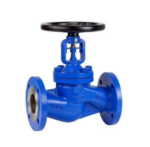 Válvula de globo con brida azul y manija negra.
