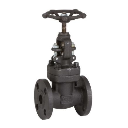 Válvula de compuerta con brida negra y volante para controlar el flujo de fluido.