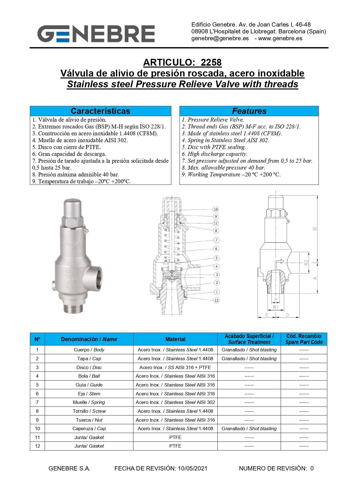 Válvula de alivio de presión de acero inoxidable con conexiones roscadas.