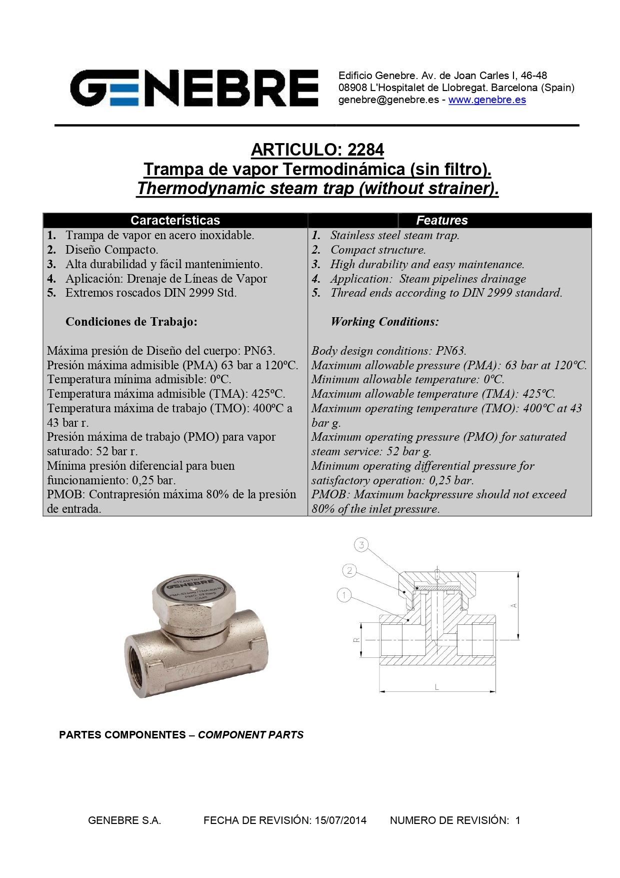 Una válvula de gas en línea de color plateado con mango hexagonal y extremos roscados.