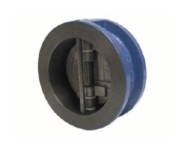 Válvula de retención de placa doble azul y gris, utilizada para evitar el reflujo en un sistema de tuberías.