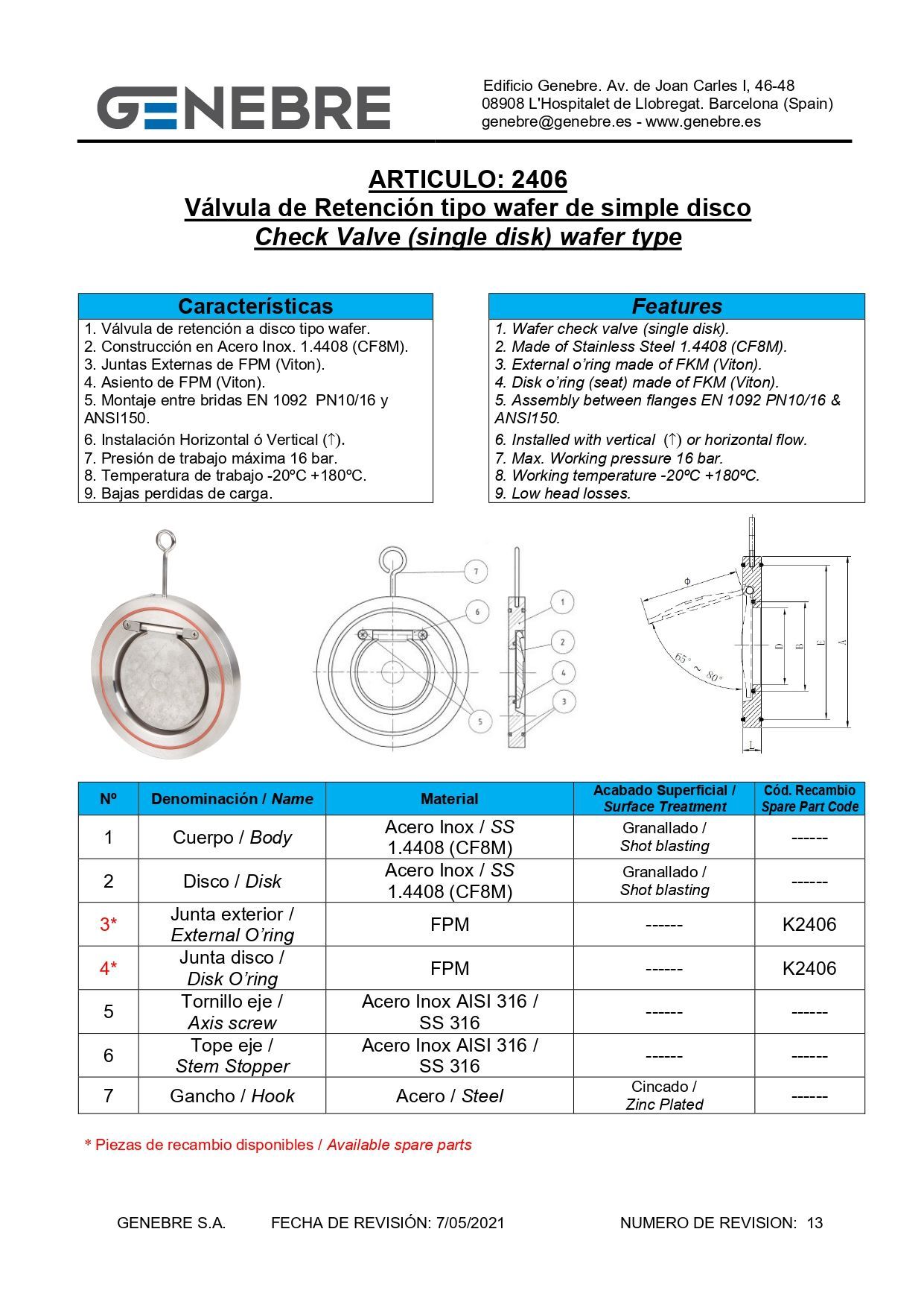 Arf 2406 Tipo wafer. Válvula de retención a clapeta DIN PN 16