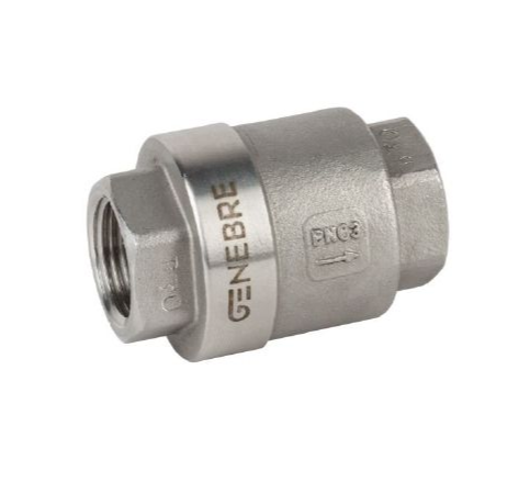Válvula de retención de acero inoxidable con extremos roscados hembra, cuerpo cilíndrico.