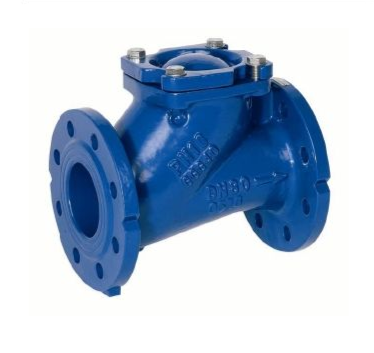 Válvula de retención con brida azul, diseño en ángulo, tapa atornillada, para control de flujo direccional.