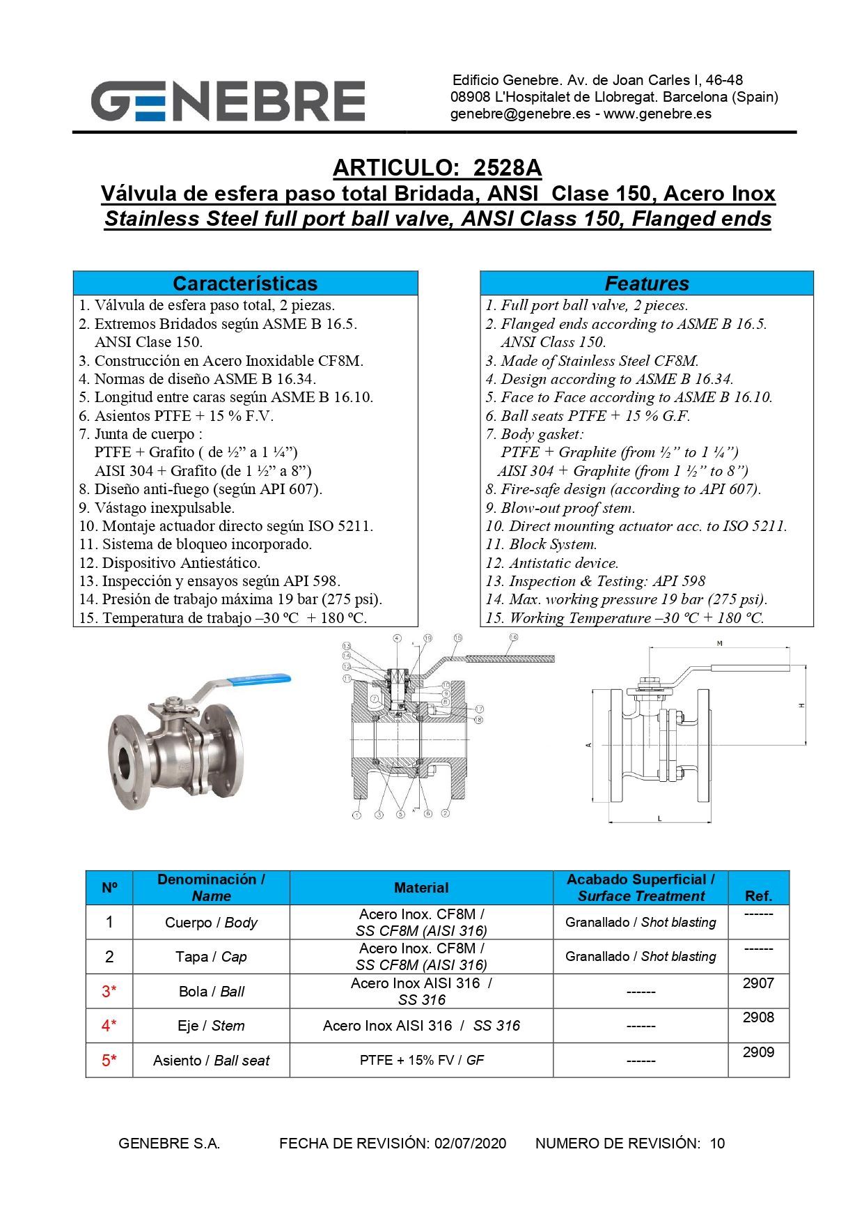 Válvula de bola de acero inoxidable con manija azul y extremos bridados.