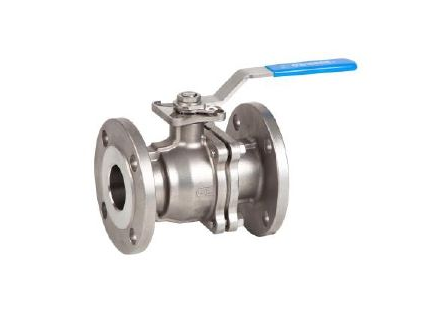 Válvula de bola de acero inoxidable con manija azul y extremos bridados.