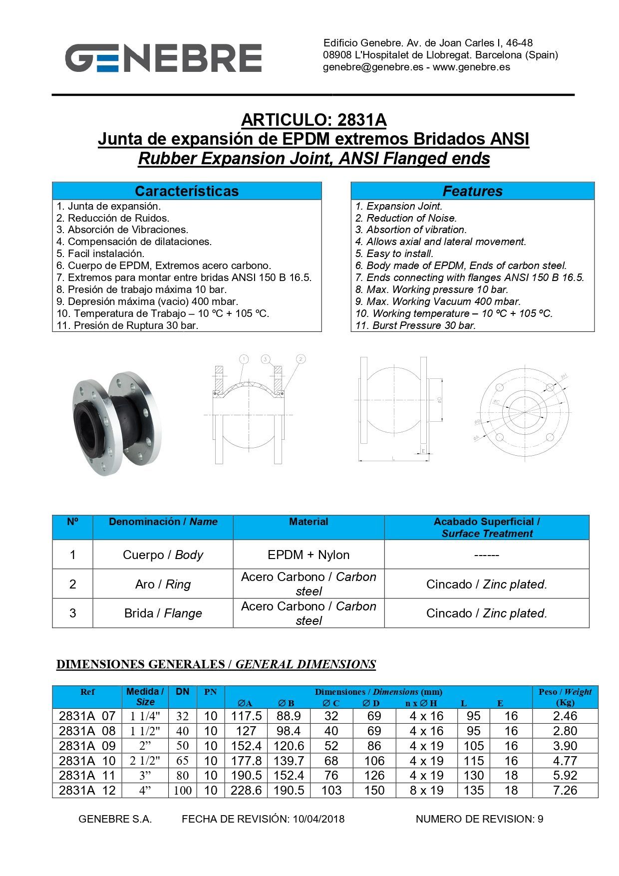 Conector de tubo de caucho flexible con bridas metálicas.