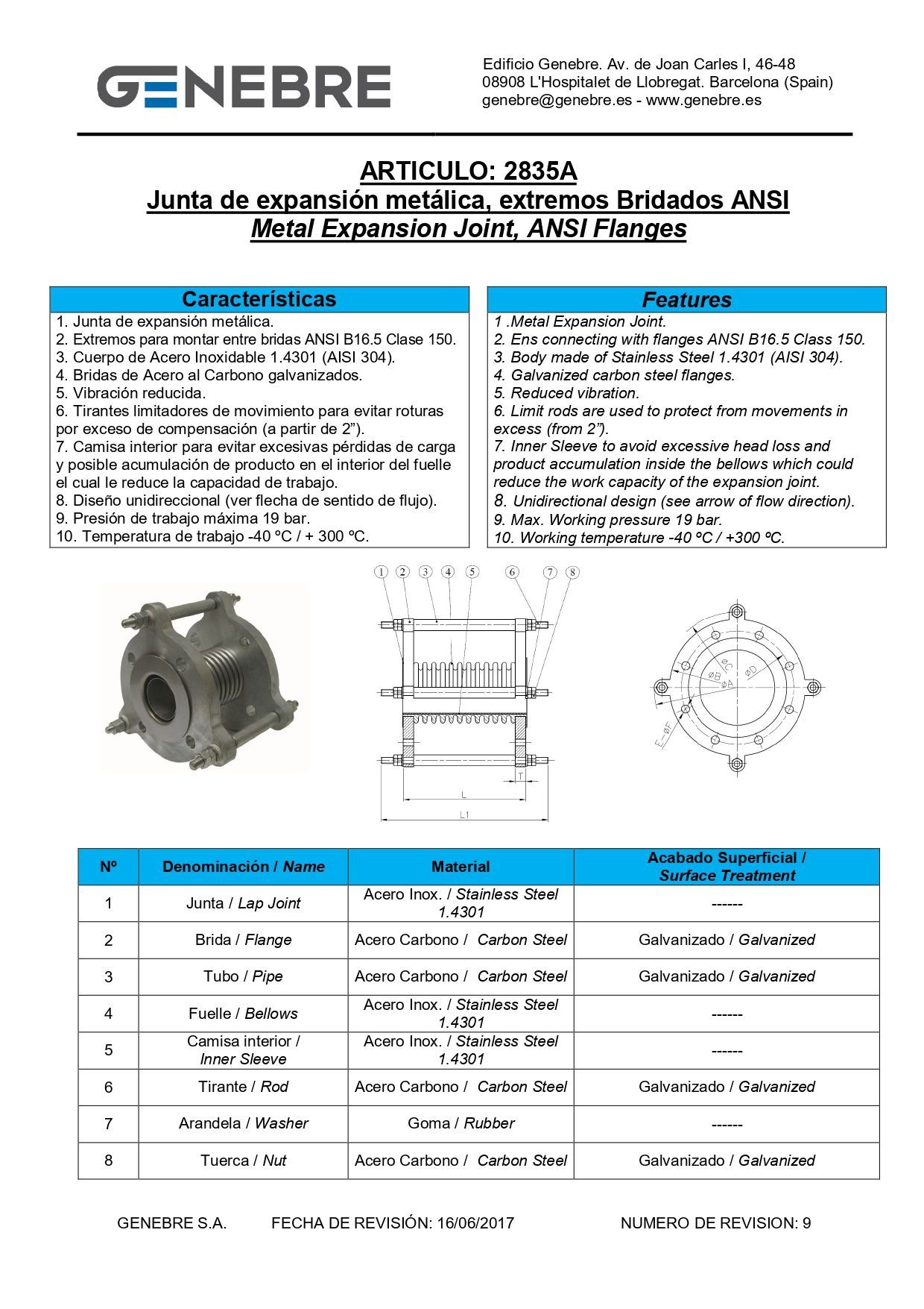 Junta de expansión metálica con bridas atornilladas y fuelles.