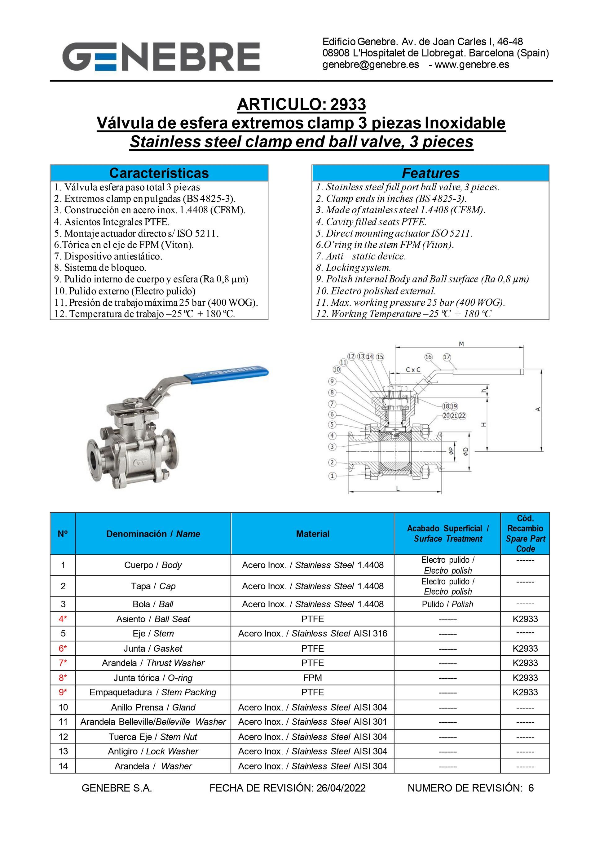 Art 2933 Válvula esfera 3 piezas extremos clamp