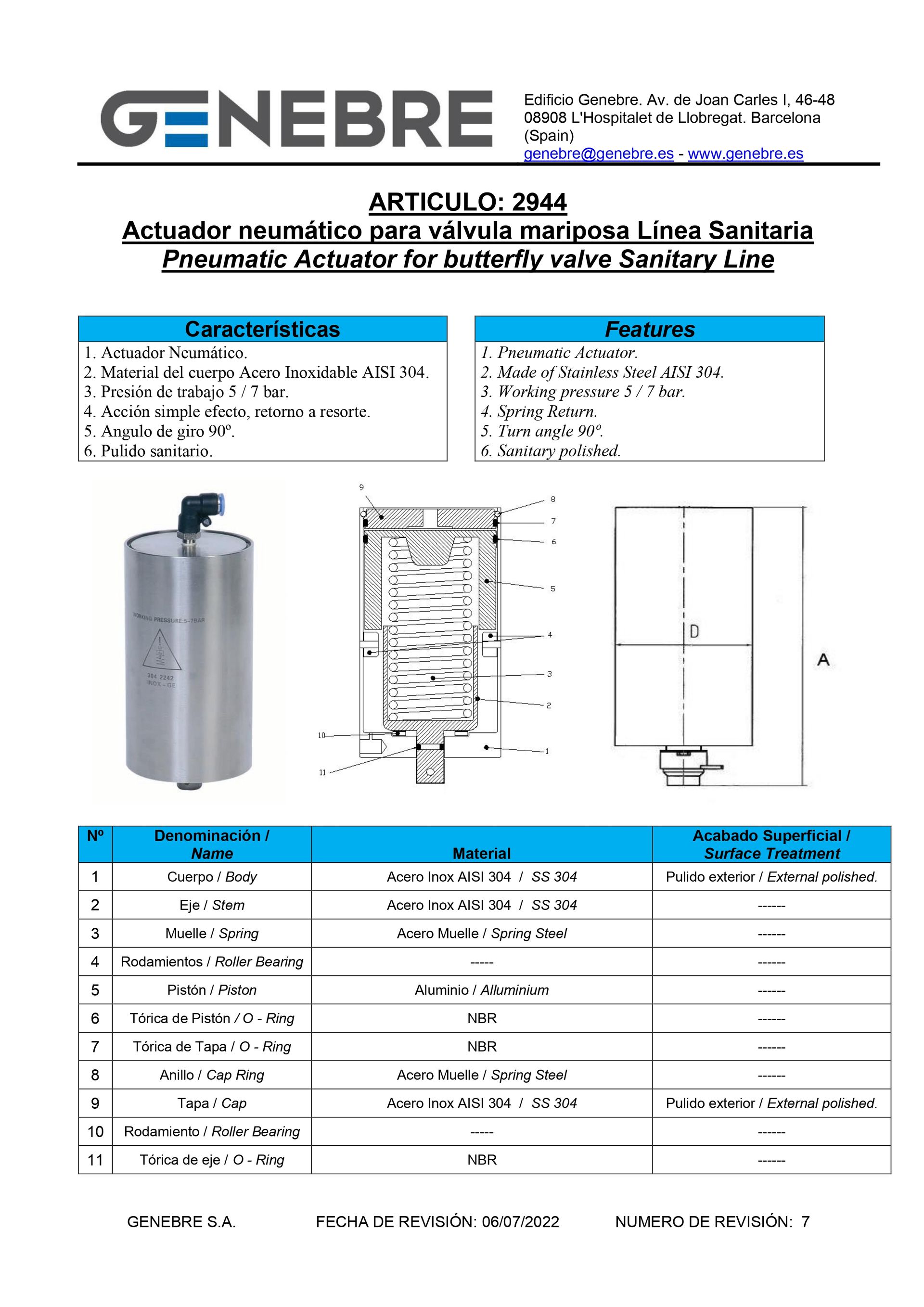 Art 2944 Actuador neumático simple efecto para válvulas mariposa línea sanitaria