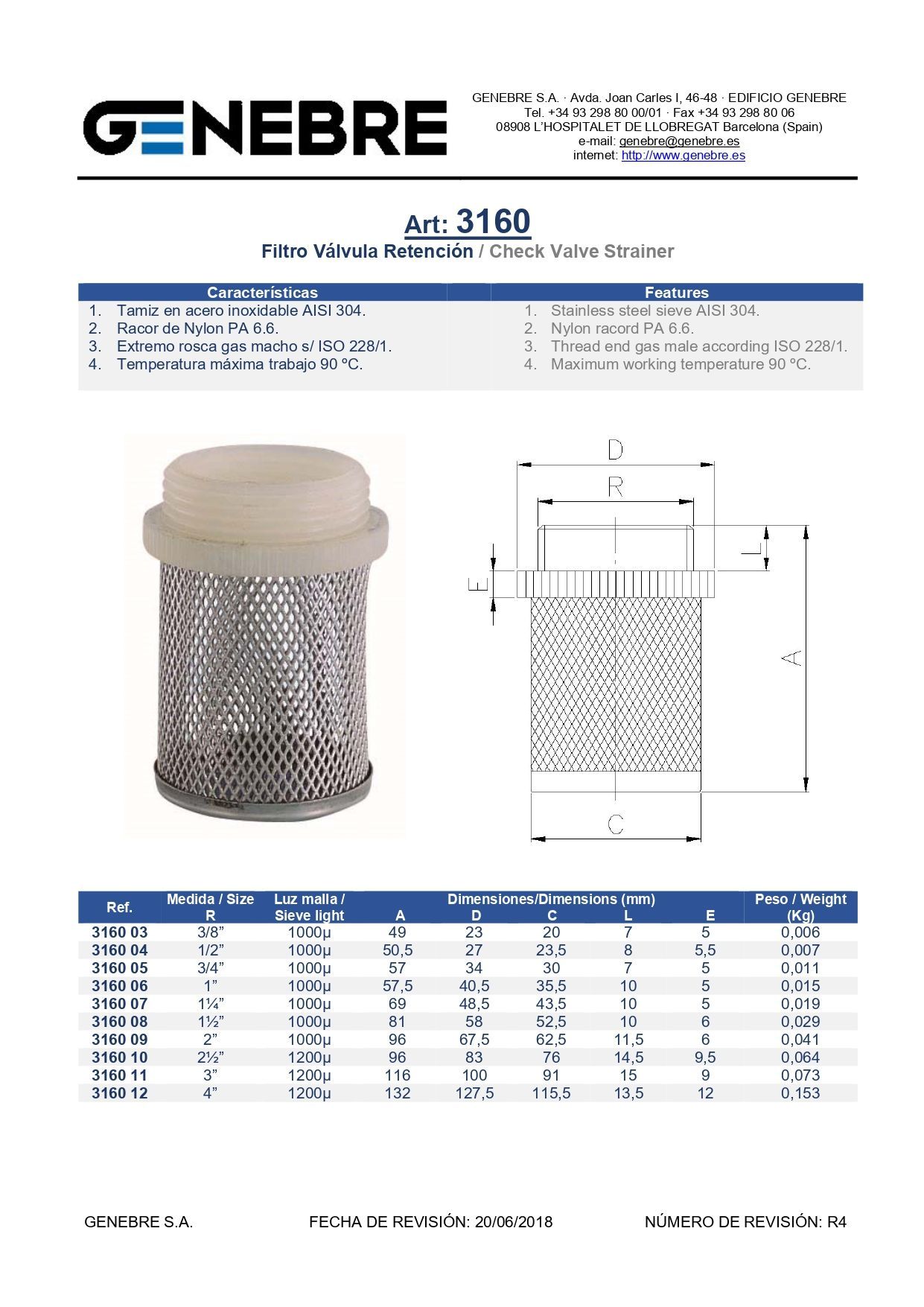 Art 3160 Filtro para válvula retención