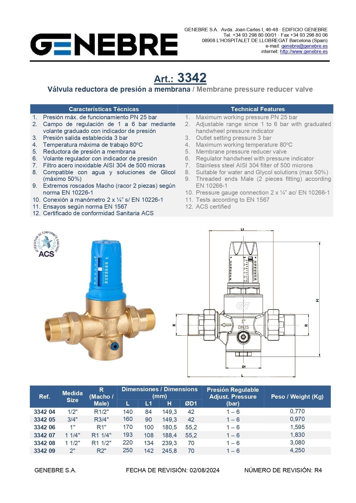 Art 3342 Válvula reductora de presión a membrana