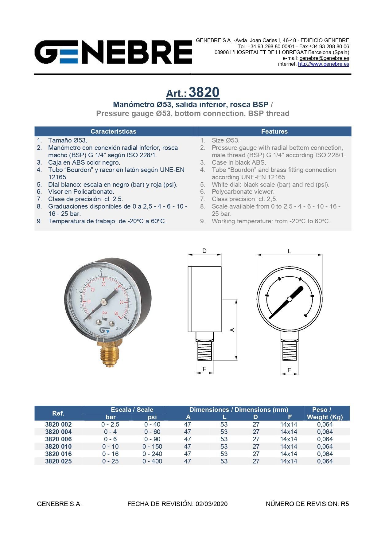Art 3820 Manómetro Ø 53, salida inferior, rosca BSP 1/4