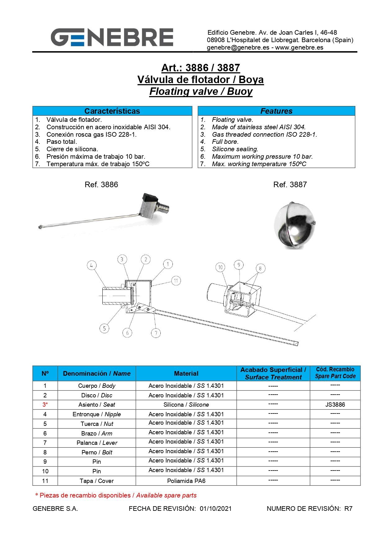 Art 3886 Válvula de flotador sin boya