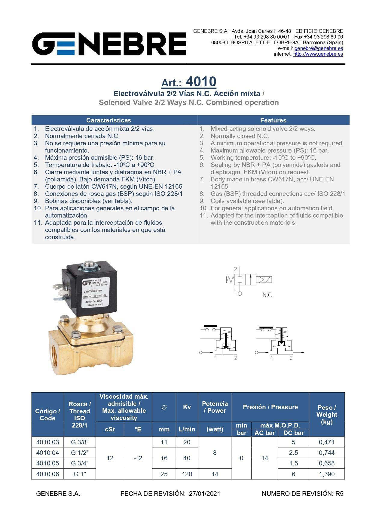 Art 4010 Electroválvula de acción mixta 2 vías N.C.