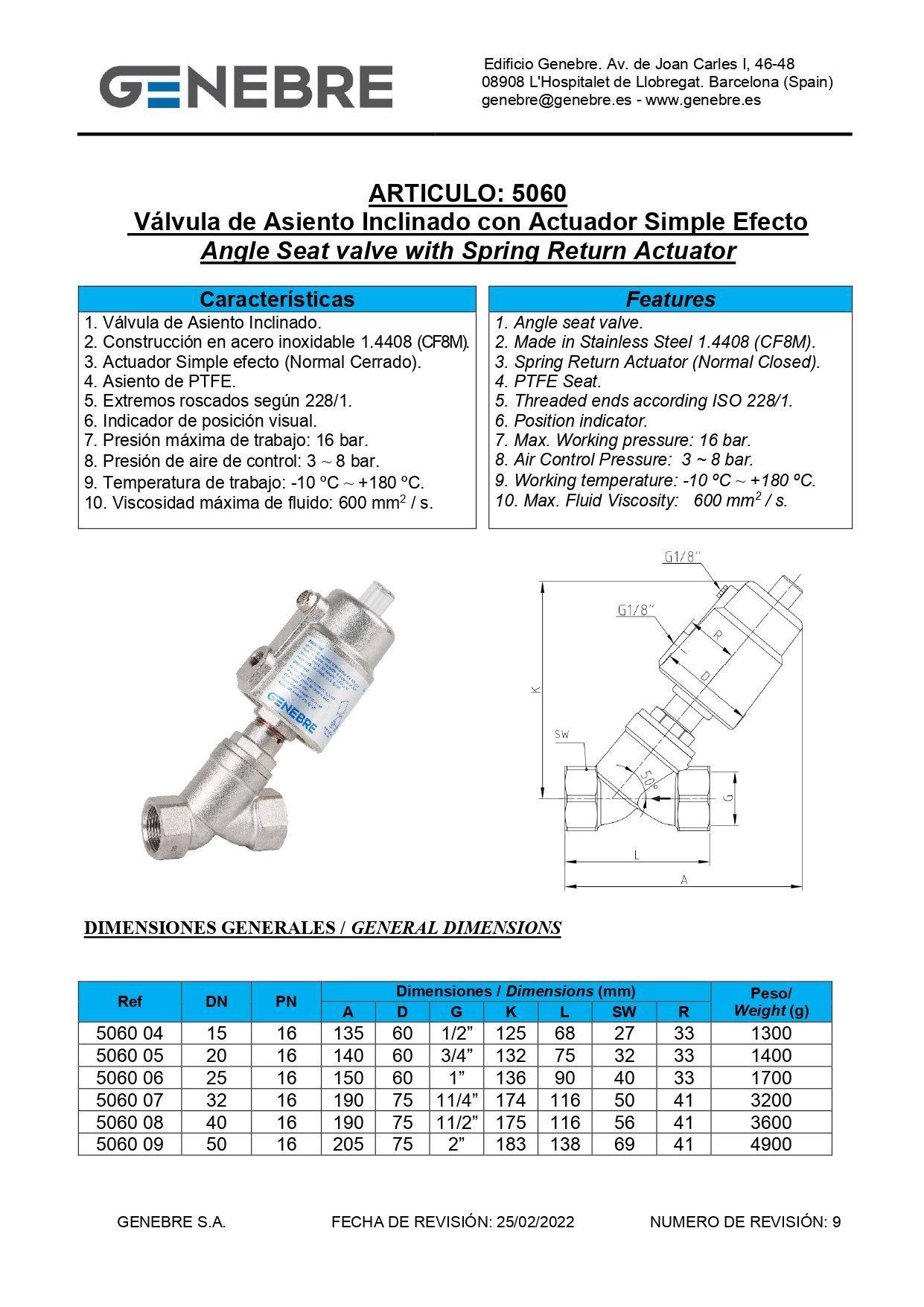 Art 5060 Válvula asiento inclinado con actuador neumático de simple efecto