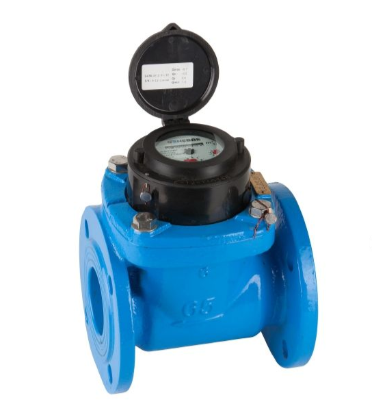 Contador de agua azul con esfera negra y extremos de brida.