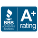 BBB Accredited Business logo with a blue background and an A+ rating.