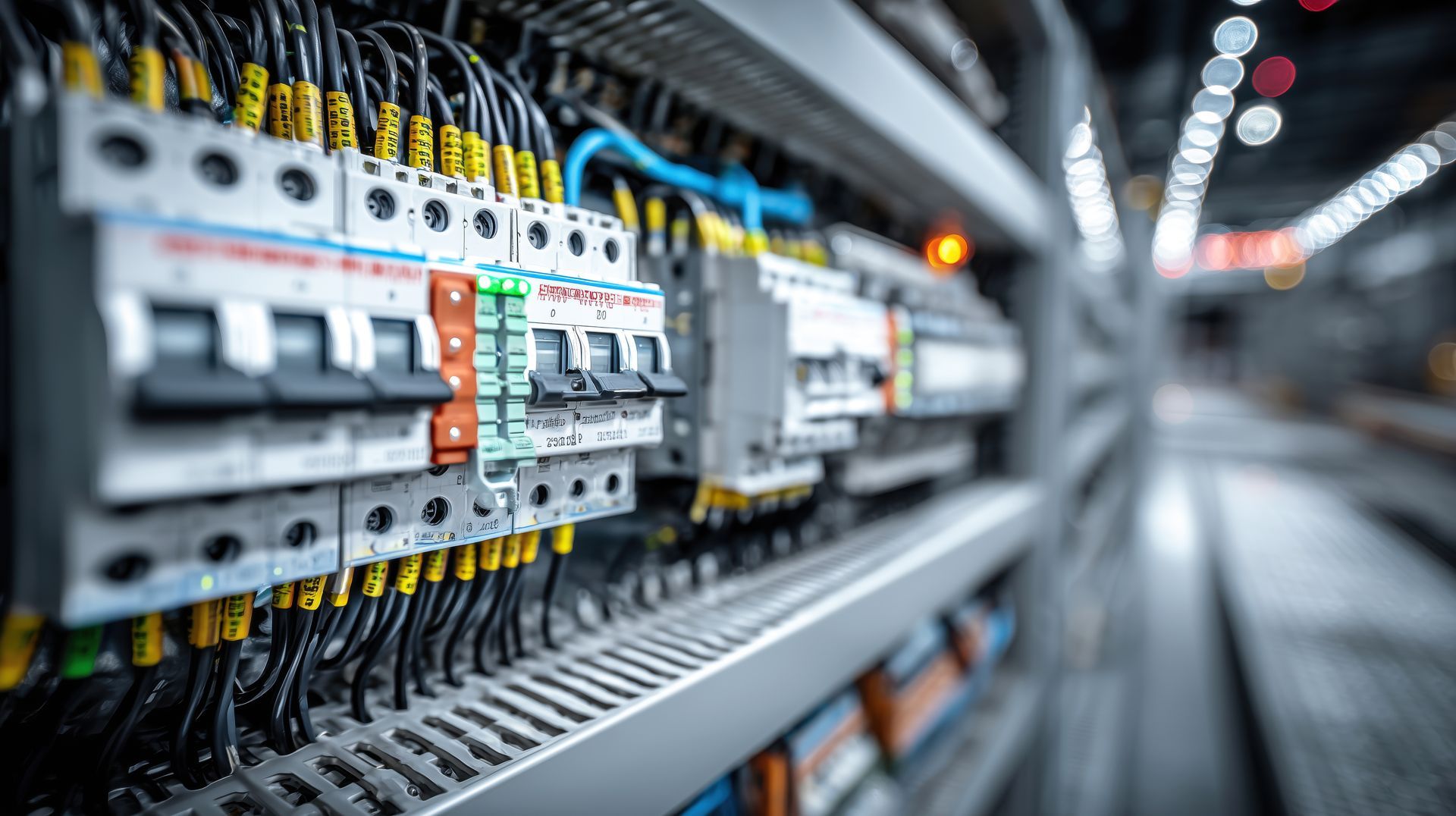 Electrical control panel with circuit breakers, wires, and connections.